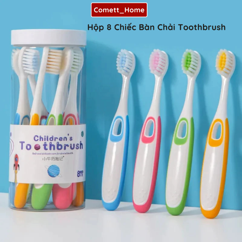 Hộp 8 Bàn Chải Đánh Răng Cho Bé Lông Mềm Cao Cấp PP 14cm Tay Cầm Êm Chống Trượt Hộp Nhựa PET Nhiều Màu