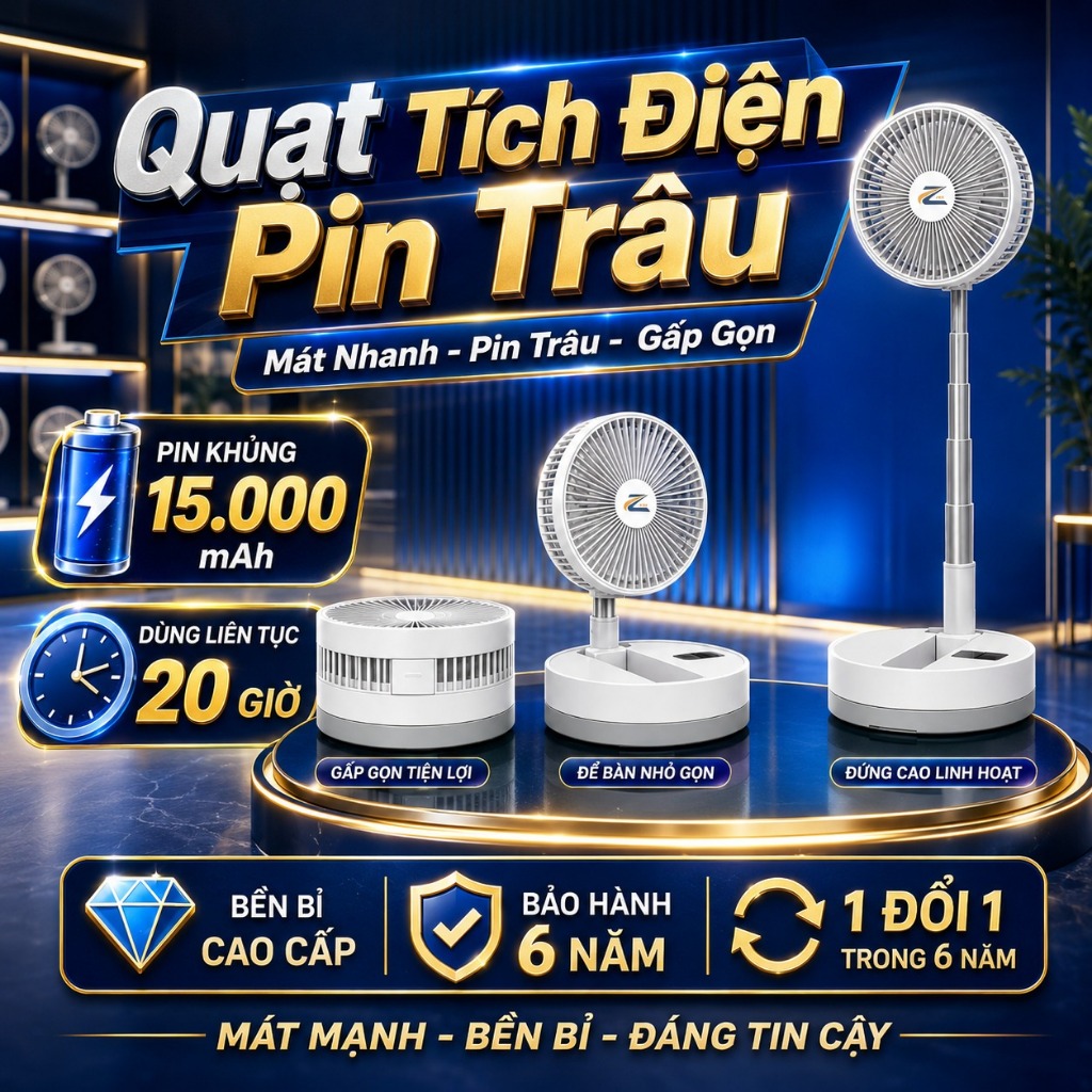 Quạt Tích Điện Pin Trâu Loại To 15000 mAh Z24, Quạt Sạc Điện 4 Cấp Độ Gió Chính Hãng Zlife
