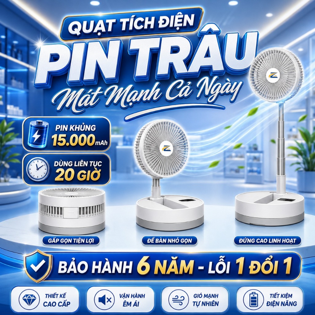 Quạt Tích Điện Pin Trâu Loại To 15.000mAh 4 Tốc Độ Gió, Dùng 20 Giờ, Quạt Sạc Tích Điện Để Bàn Z24