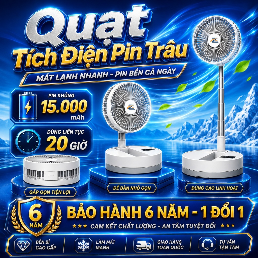 Quạt Tích Điện Pin Trâu Cỡ Lớn, Quạt Sạc Điện Gấp Gọn ZLife Thông Minh Sạc Pin Kéo Dài 1m Pin 15.000