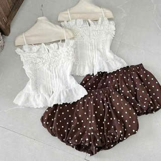 Set Bộ Nữ Tiểu Thư Vintage, Áo Hai Dây Ren Bèo Mix Quần Bí Chấm Bi Nâu Xinh Xắn