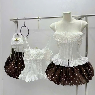 Set Bộ Nữ Tiểu Thư Vintage, Áo Hai Dây Ren Bèo Mix Quần Bí Chấm Bi Nâu Xinh Xắn