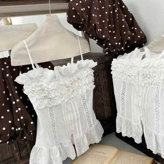 Set Bộ Nữ Tiểu Thư Vintage, Áo Hai Dây Ren Bèo Mix Quần Bí Chấm Bi Nâu Xinh Xắn