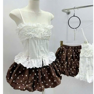 Set Bộ Nữ Tiểu Thư Vintage, Áo Hai Dây Ren Bèo Mix Quần Bí Chấm Bi Nâu Xinh Xắn