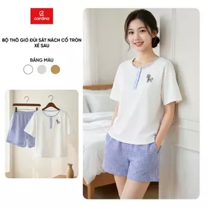 Đồ bộ mặc nhà nữ CARDINA áo cotton cộc tay phối cổ trụ kẻ và quần thô kẻ đùi 6BCN04