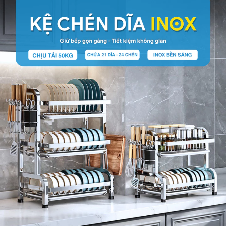 [HỎA TỐC HCM] Kệ Chén Đĩa INOX Đa Năng MARIS Có Khay Hứng Nước 2 Tầng 3 Tầng Có Giá Để Đũa Dao Thớt