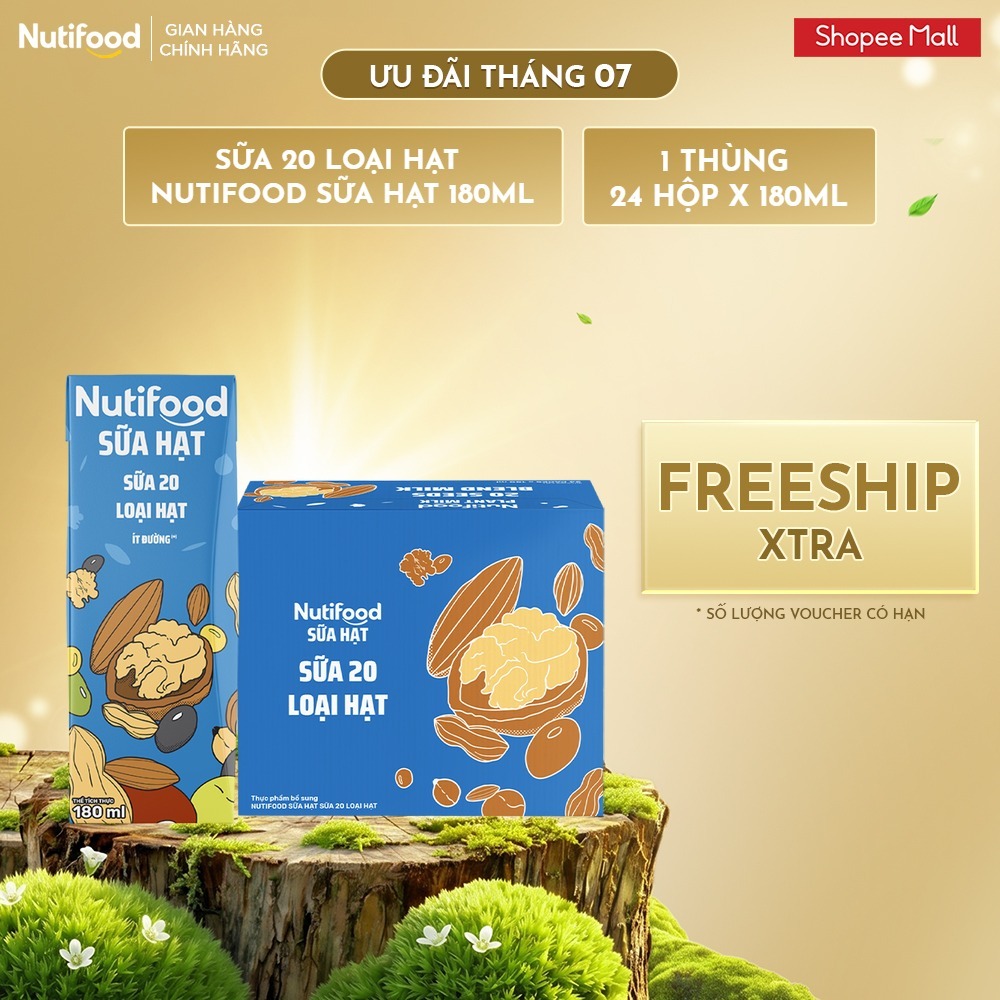 [KOL] Thùng 24 Hộp Sữa Hạt Nutifood 180ml (Sữa Mầm Đậu Nành - Sữa Yến Mạch - 20 Loại Hạt)