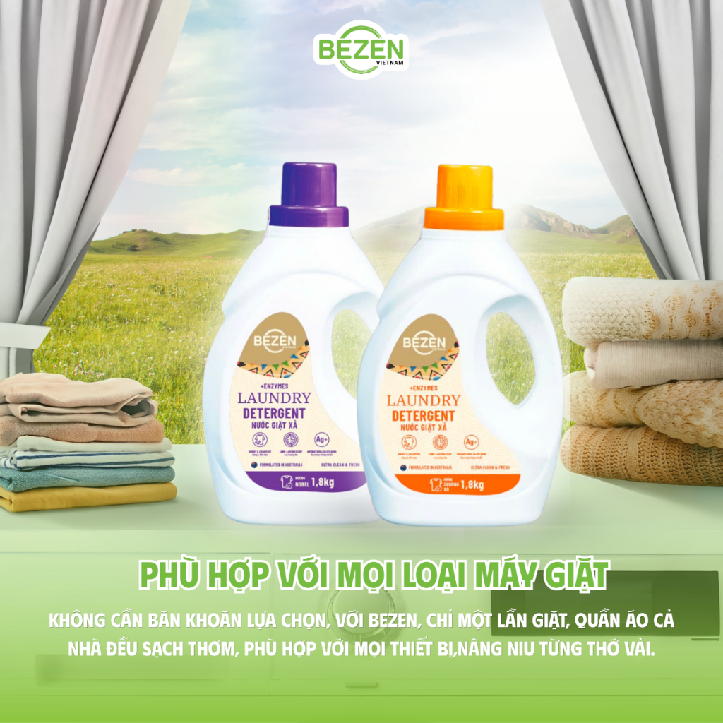 Nước Giặt Xả 2in1 BEZEN 1.8L - Nước Giặt Quần Áo Thơm Lâu, Mềm Vải, Sạch Sâu, Kháng Khuẩn