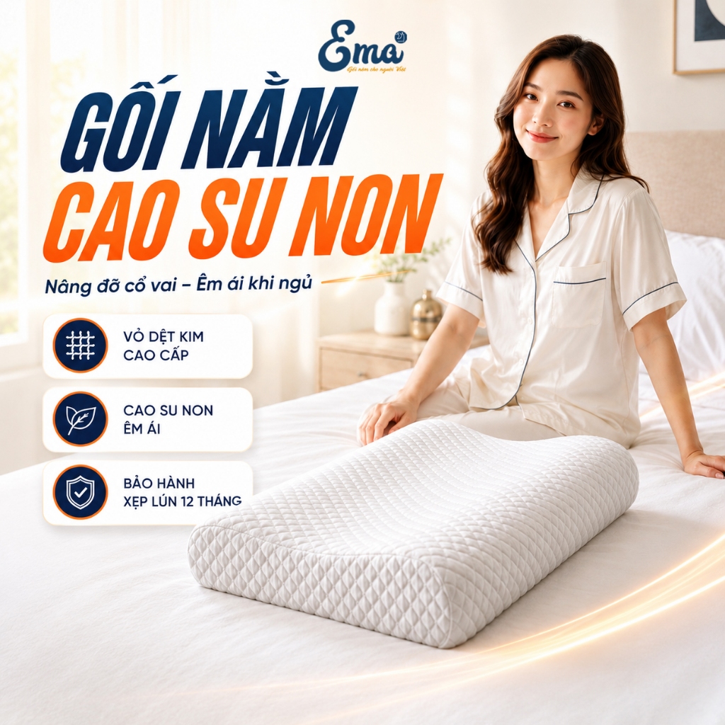 Gối Ngủ Cao Su Non EMA - Gối Đầu Cao Su Non Người Lớn Dáng Lượn Sóng Sợi Tre Thoáng Khí Cao Cấp