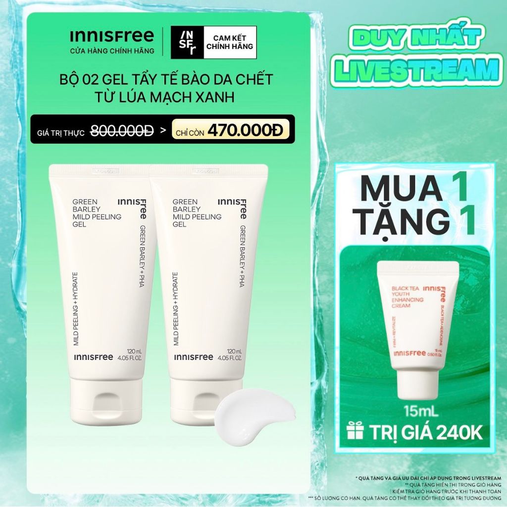INNISFREE x Bộ 2 Gel tẩy tế bào da chết từ lúa mạch xanh innisfree Green Barley Mild Peeling Gel 120mlx2