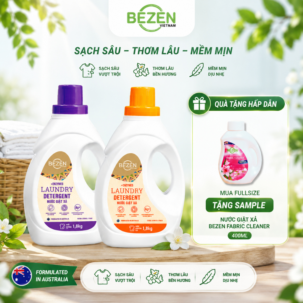 Nước Giặt Xả 2in1 BEZEN 1.8L - Nước Giặt Quần Áo Thơm Lâu, Mềm Vải, Sạch Sâu, Kháng Khuẩn