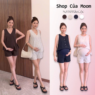 [Nhà Moom] Set Bộ Bầu Cộc mặc được 2 kiểu trước và sau , chất liệu Đũi Mềm Mát
