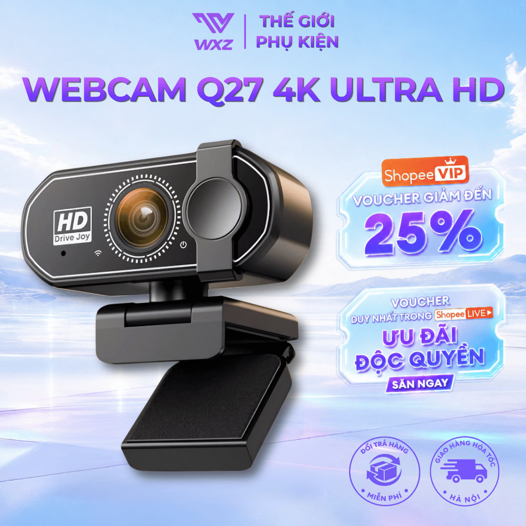 Webcam 4K UHD Cao Cấp Cho PC Laptop, Camera Góc Rộng Xoay 360°, Tích Hợp 2 Micro Kép Thu Âm Rõ Nét
