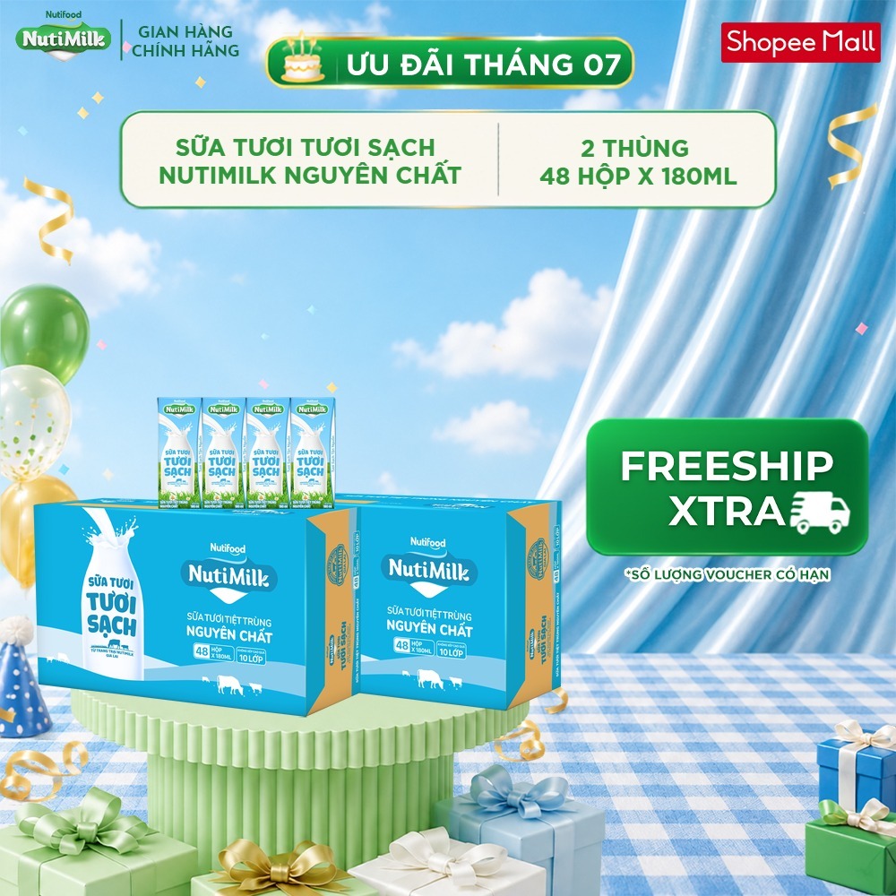 [KOL] COMBO 2 Thùng 48 Hộp Sữa Tươi Tươi Sạch NutiMilk 180ml