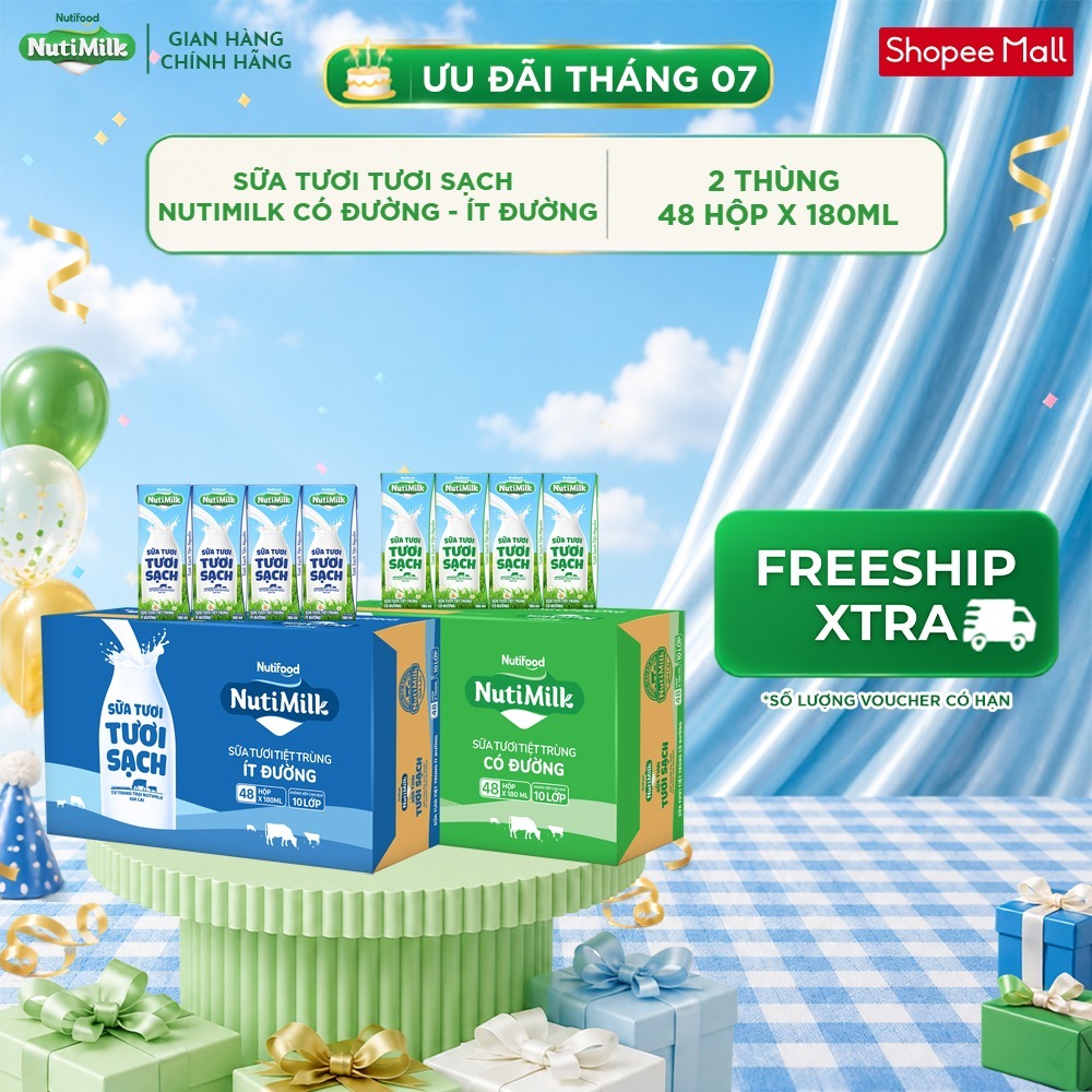 [KOL] COMBO 2 Thùng 48 Hộp Sữa Tươi Tươi Sạch NutiMilk 180ml