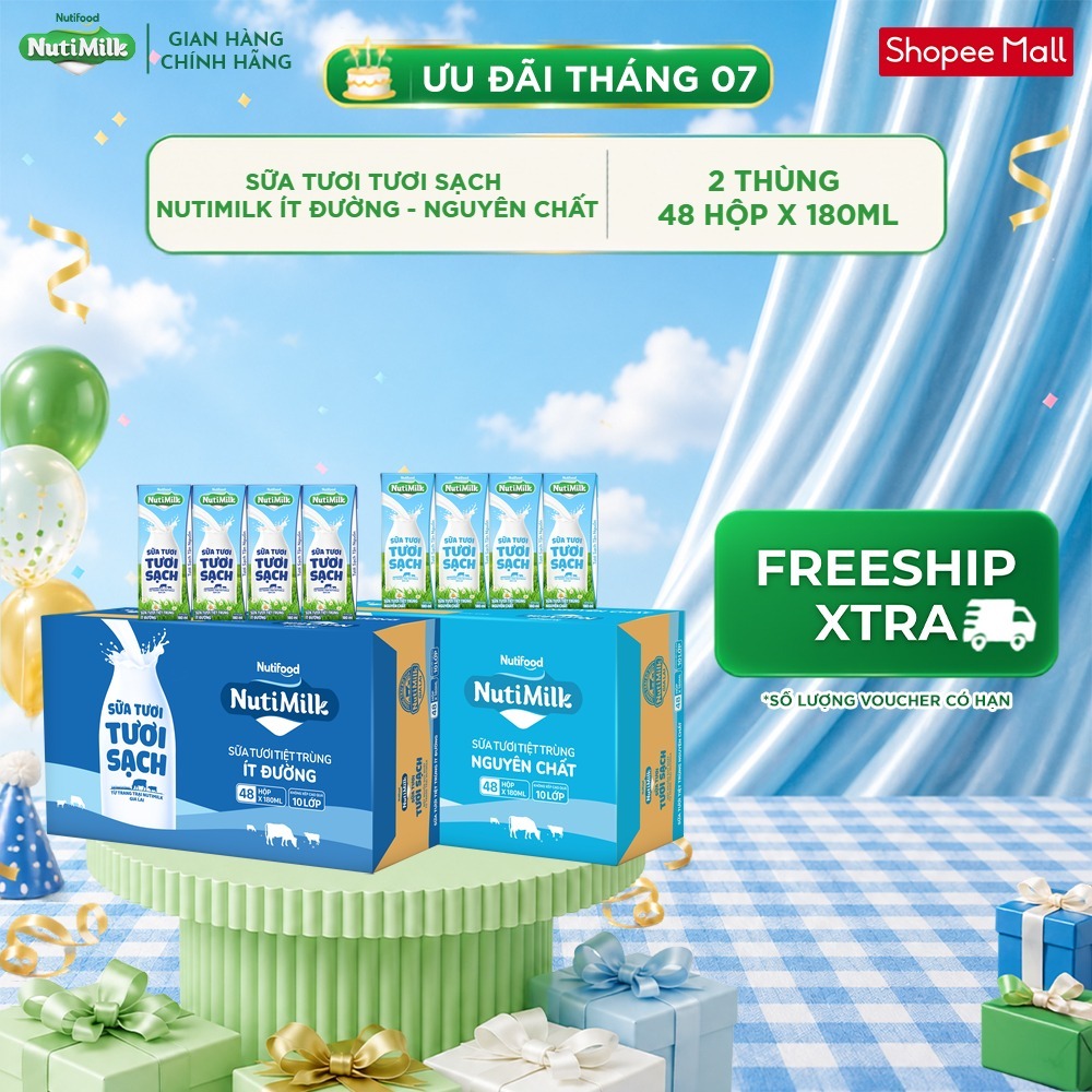 [KOL] COMBO 2 Thùng 48 Hộp Sữa Tươi Tươi Sạch NutiMilk 180ml
