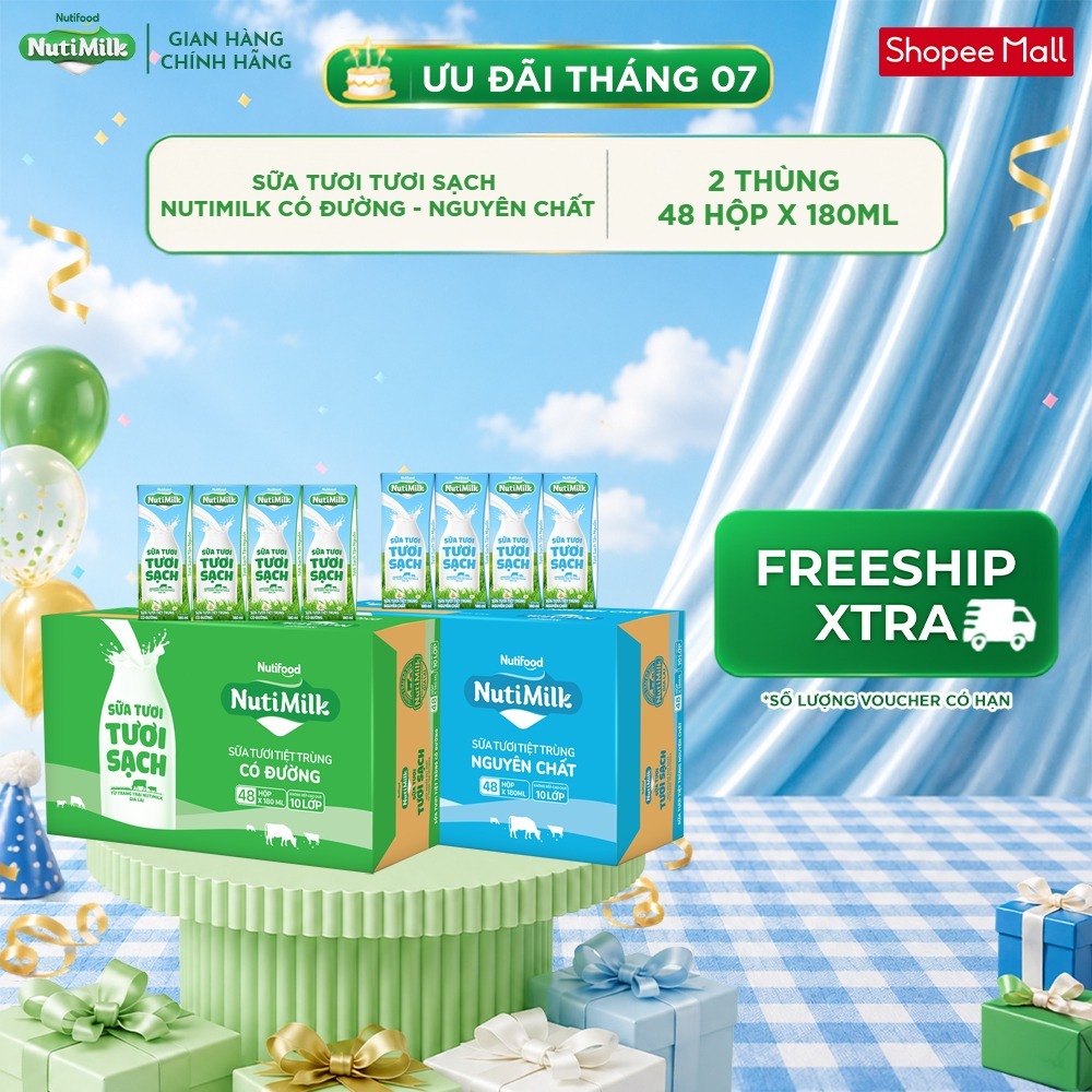 [KOL] COMBO 2 Thùng 48 Hộp Sữa Tươi Tươi Sạch NutiMilk 180ml