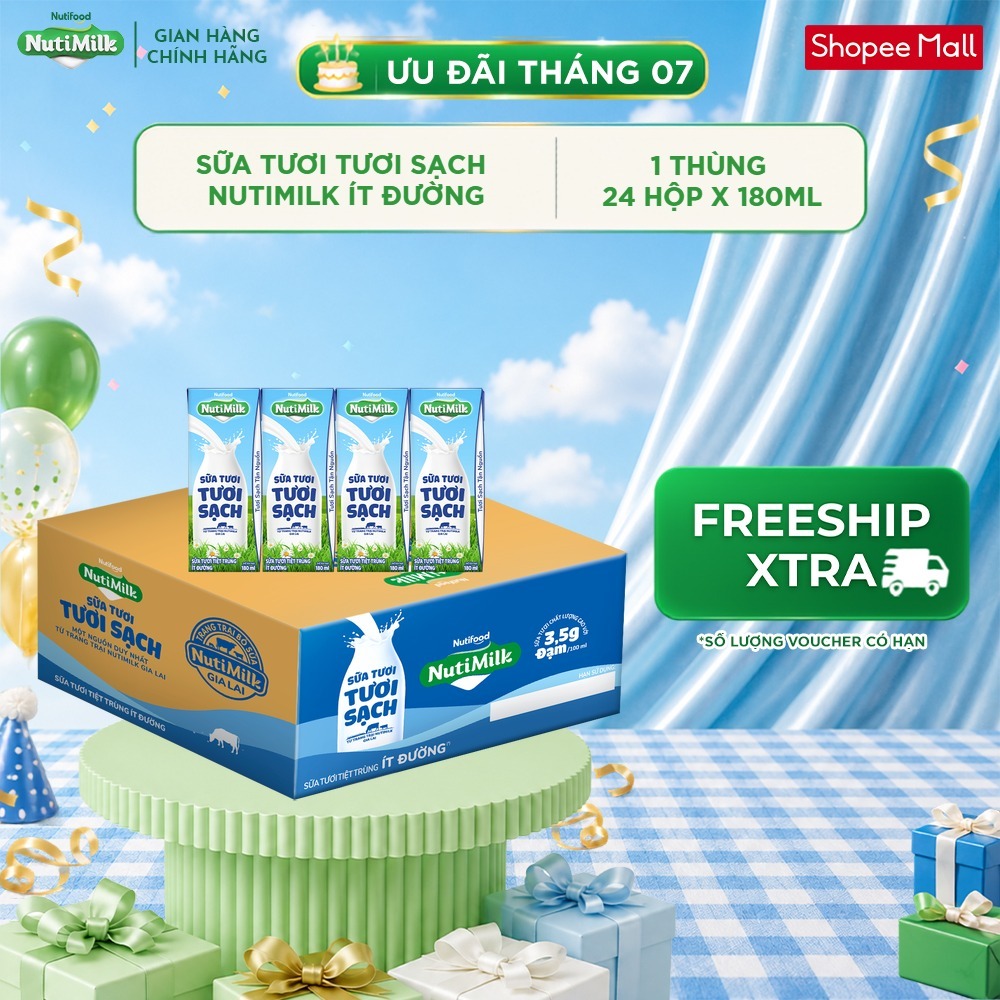 [KOL] Thùng 24 Hộp Sữa Tươi Tươi Sạch NutiMilk 180ml