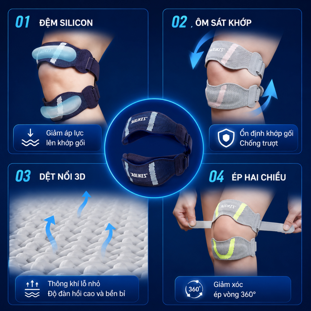 Băng Gối AOLIKES Patella 8502 – Hỗ Trợ Gân Xương Bánh Chè, Giảm Đau Gối Khi Tập Luyện, Squat, Đạp Xe