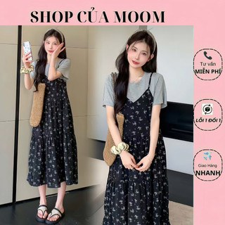[Nhà Moom] Váy Yếm Hoa Nhí tay cộc mùa hè cho Mẹ Bầu dáng dài phong cách Nhẹ Nhàng Hàn Quốc