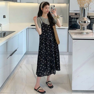 [Nhà Moom] Váy Yếm Hoa Nhí tay cộc mùa hè cho Mẹ Bầu dáng dài phong cách Nhẹ Nhàng Hàn Quốc
