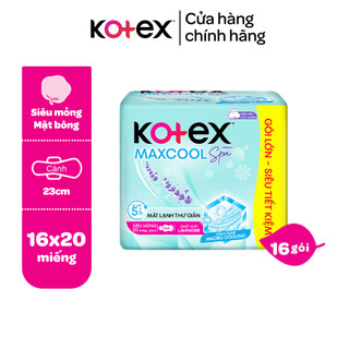 Combo 16 gói băng vệ sinh Kotex Maxcool French Spa Siêu mỏng cánh 23cm 20 miếng/gói, Mặt bông, Thấm hút