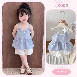 Set bộ bé gái, set áo kẻ 2 dây kèm quần short bé gái (10-30kg) dáng xòe mát mẻ XUKA BABY - M9