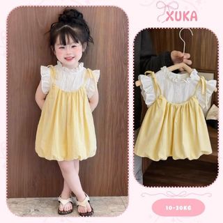 Set bộ bé gái, set áo kèm váy bí 2 dây bé gái (10-30kg) màu vàng gà con siêu hot XUKA BABY - M8