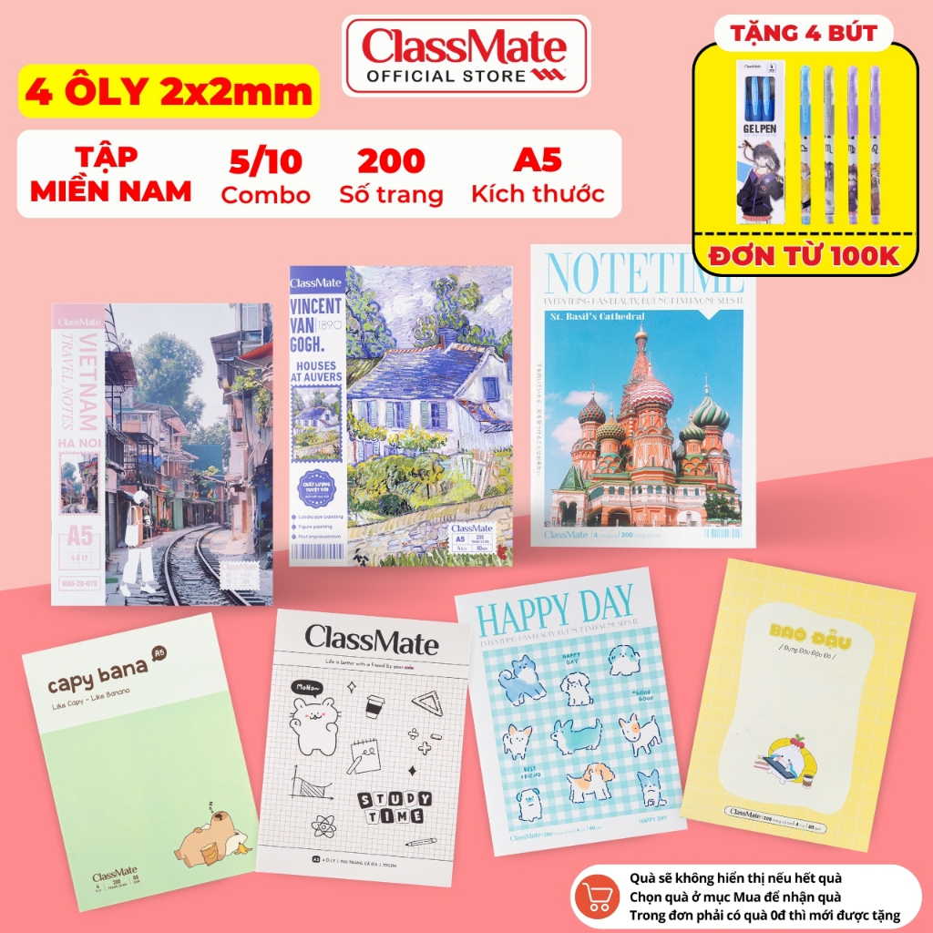 [Tặng 4 Bút] Combo 5/10 Tập Học Sinh Miền Nam Van Gogh Classmate 200 Trang A5 Vở 4 Ô Ly 2x2mm, Vở 4 Ly Ngang 60/70/80gsm