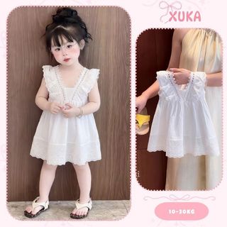 Váy bé gái, đầm dáng suông bé gái (10-30kg) sắc trắng tinh khôi phối nơ điệu đà XUKA BABY - M7