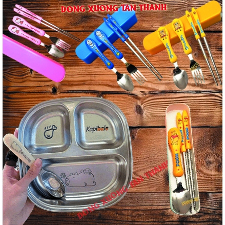 Set Thìa Khay Ăn Dặm 3 Ngăn Cho Bé Tập Ăn, Khăn Ăn Dặm Họa Tiết Inox Cho Trẻ