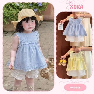 Set bộ bé gái, set áo sát nách dáng xòe kèm quần dài bé gái (10-30kg) phối bèo xinh xắn XUKA BABY - M6