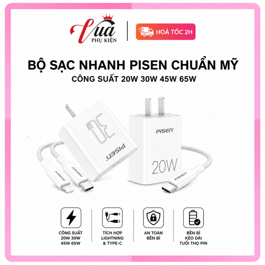 Bộ Sạc Nhanh Pisen PD 20W 30W GaN Type C Cho iPhone Samsung Xiaomi Hỗ Trợ Sạc Nhanh BH 12 Tháng