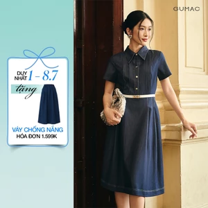 Đầm Nữ GUMAC Form A Xòe Cổ Sơ Mi Tay Ngắn Đính Nút Kim Loại Sang Trọng Tôn Dáng DG07097