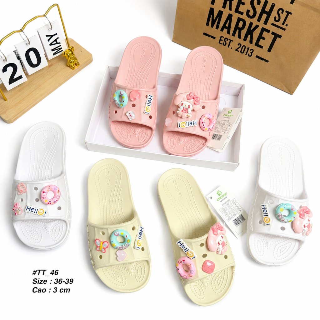 Dép lê quai ngang đế cao 3cm nhẹ êm, dép quai ngang kèm charm cô gái đáng yêu TT_46 - LETS GO