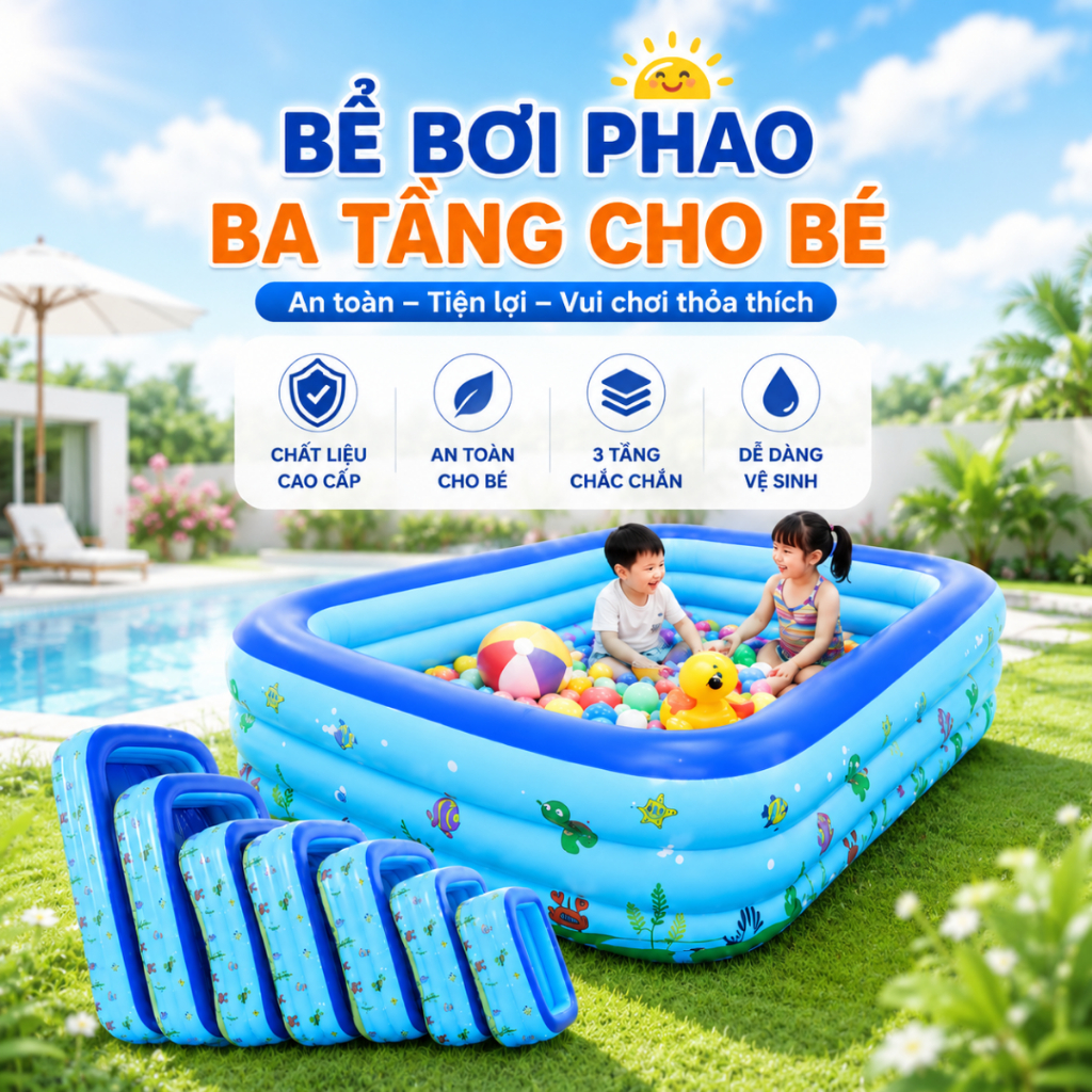 Hồ Bơi, Bể Bơi Phao KAW 3 Tầng Cho Bé Nhiều Kích Thước Dày Dặn, Size Dưới 2m1 Có Đáy Chống Trượt
