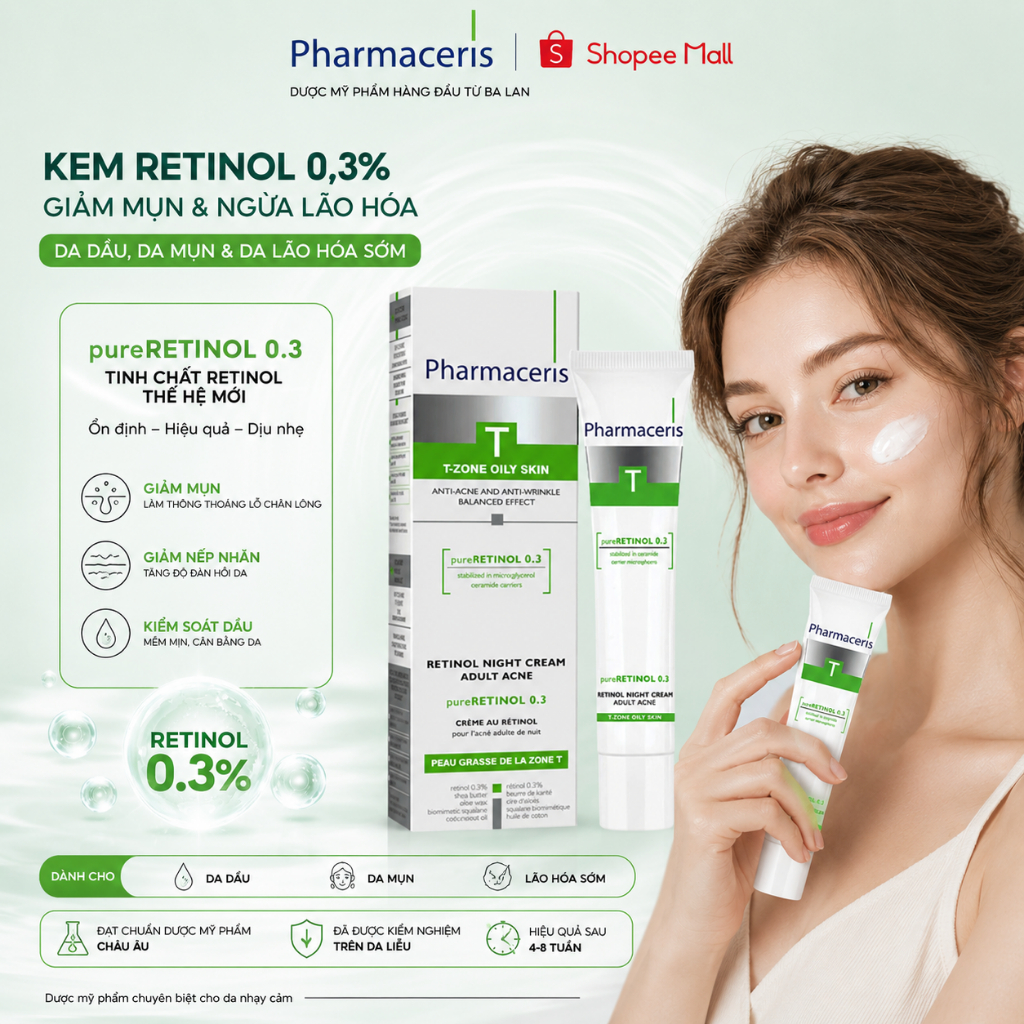 [MALL] Kem dưỡng RETINOL 0.3 PHARMACERIS 40ml giảm lão hóa sớm, bong mịn, giảm mụn ẩn mụn viêm 40ml