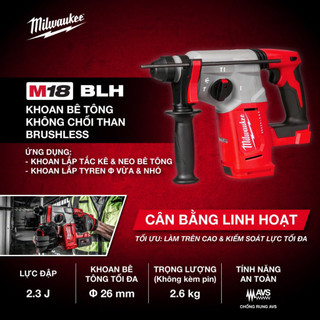 Máy Khoan Bê Tông Pin 18V Milwaukee M18 BLH - Máy Khoan Búa,Chế Độ Khoan Đục,Động Cơ Không Chổi Than