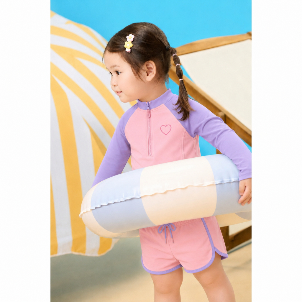 Đồ bơi bé gái dài tay chống nắng màu hồng tím, set đồ bơi trẻ em 2 món khóa kéo S6