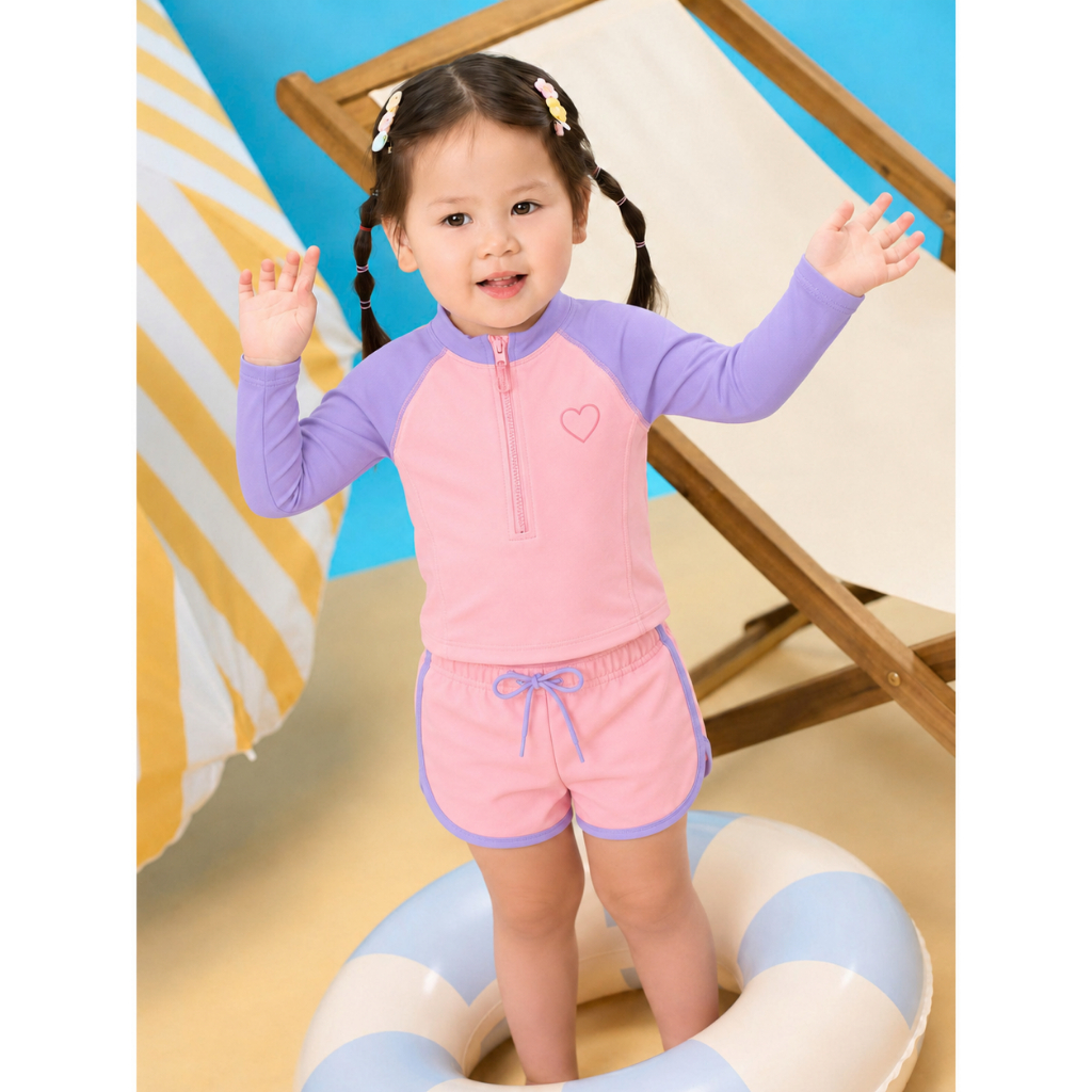 Đồ bơi bé gái dài tay chống nắng màu hồng tím, set đồ bơi trẻ em 2 món khóa kéo S6