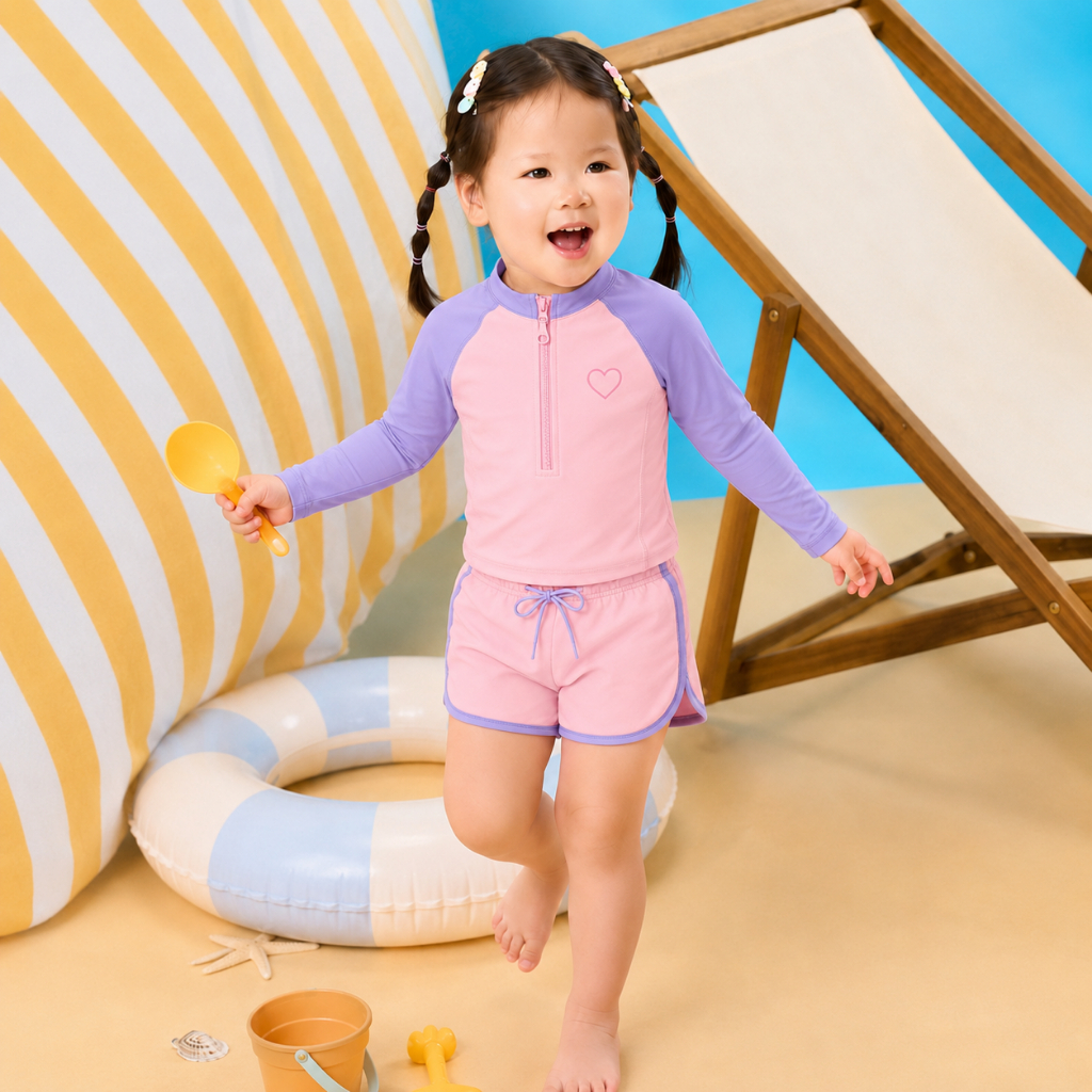 Đồ bơi bé gái dài tay chống nắng màu hồng tím, set đồ bơi trẻ em 2 món khóa kéo S6