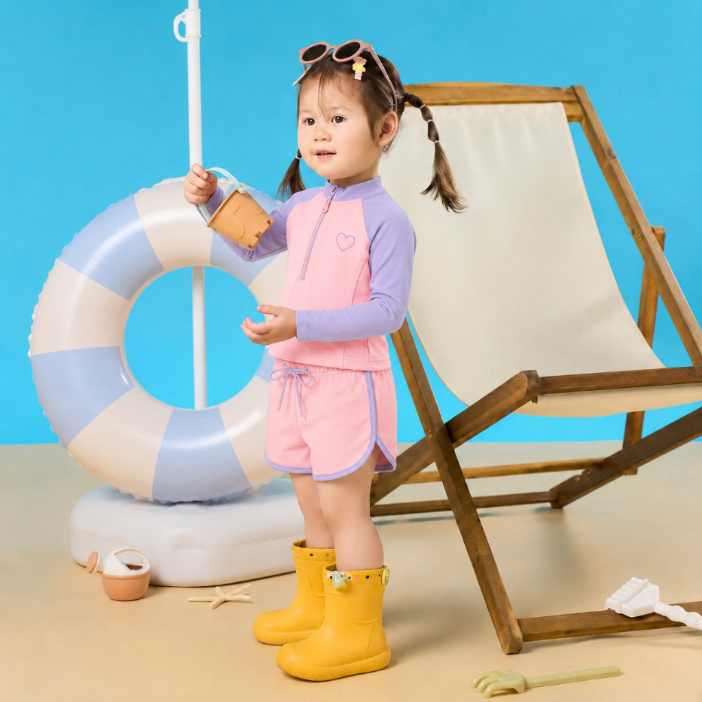 Đồ bơi bé gái dài tay chống nắng màu hồng tím, set đồ bơi trẻ em 2 món khóa kéo S6