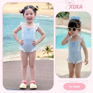 Đồ bơi bé gái, bộ bơi liền thân bé gái (10-30kg) kẻ sọc xanh vai bèo dễ thương XUKA BABY - M1