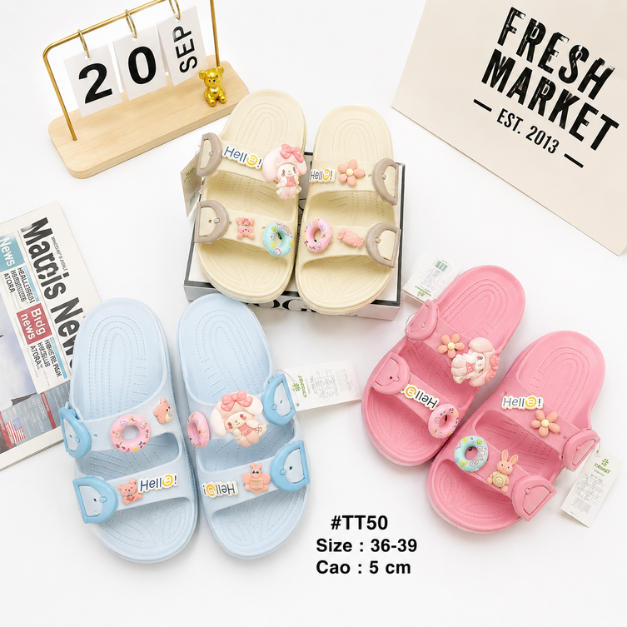 Dép quai ngang nữ đế 5cm gắn charm dễ thương TT50 quai đôi điều chỉnh size 36-39 - LETS GO