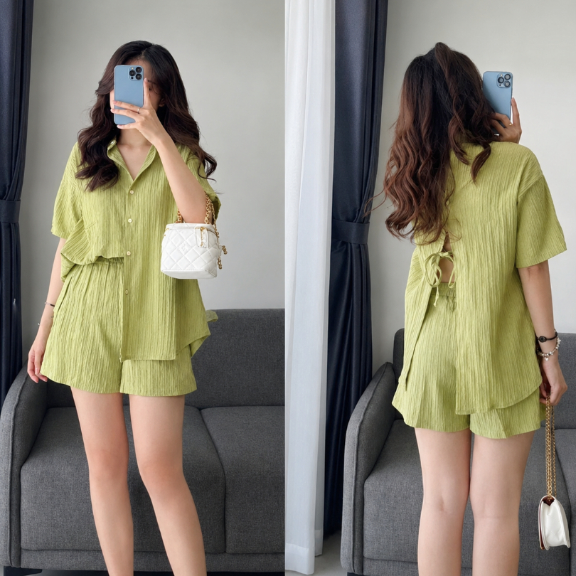 Set Đồ Nữ Đẹp Sang Chảnh Bigsize ESHOP MS183 - Đồ Bộ Nữ Mặc Nhà Quần Đùi Áo Sơ Mi Mùa Hè Thoáng Mát
