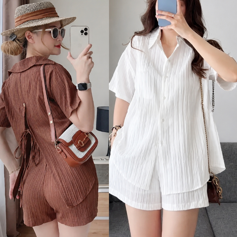 Set Đồ Nữ Đẹp Sang Chảnh Bigsize ESHOP MS183 - Đồ Bộ Nữ Mặc Nhà Quần Đùi Áo Sơ Mi Mùa Hè Thoáng Mát