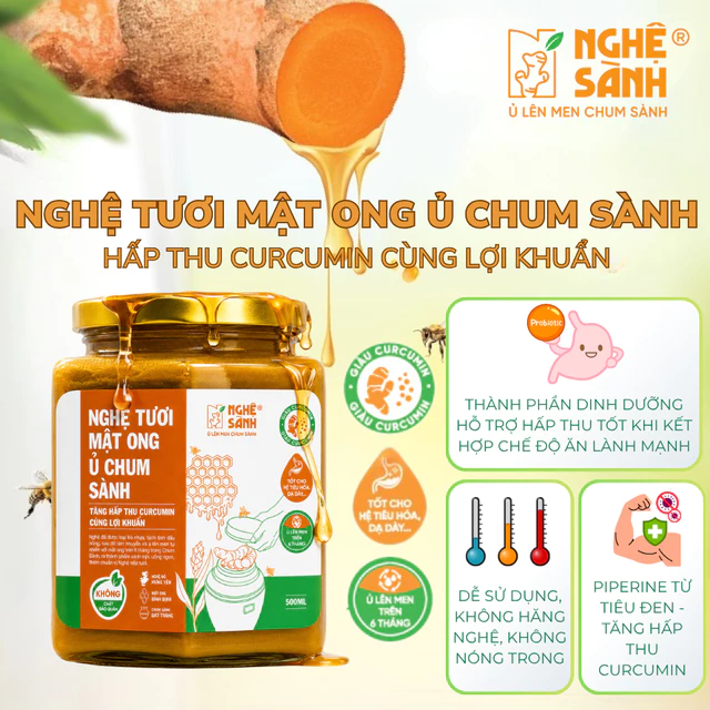 Nghệ tươi mật ong ủ chum sành Nghệ Sành giàu hoạt chất curcumin từ nghệ, không hăng, vị ngọt dịu dễ uống Hũ 280ml/500ml