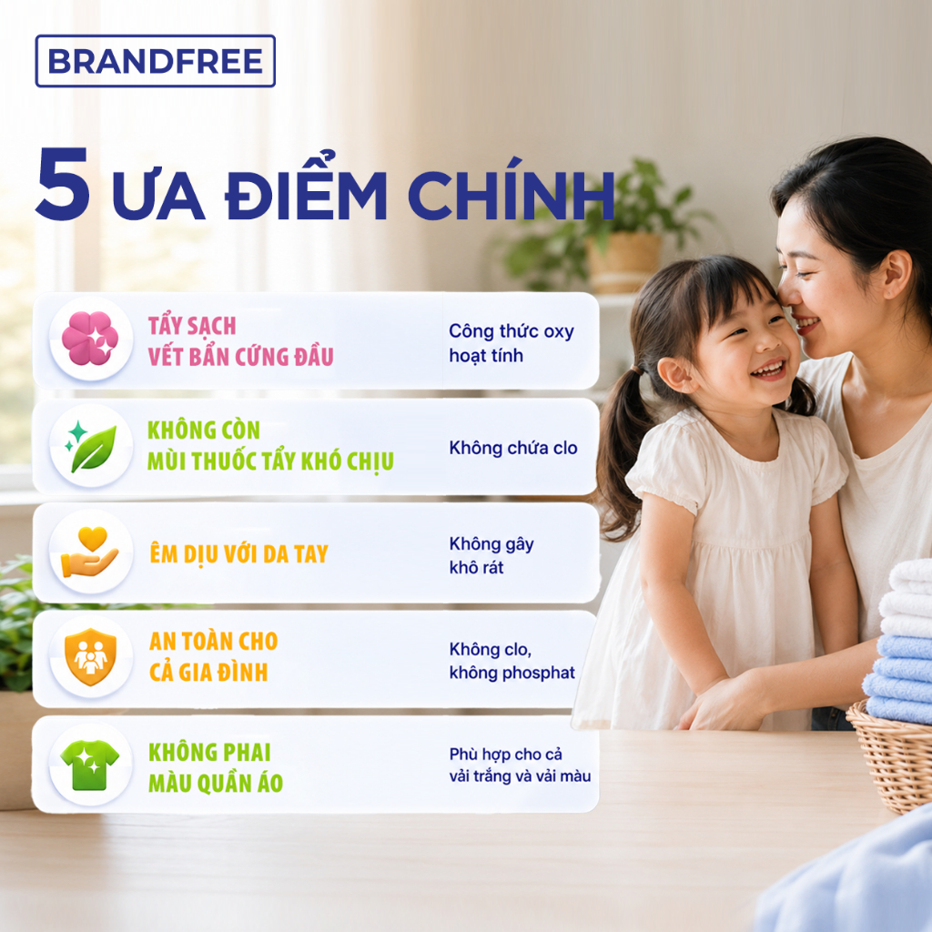 Bột Tẩy Oxy Trắng Quần Áo, Giày Dép BRANDFREE 1KG | Đánh Bay Vết Ố Vàng, Khử Mùi, Sạch Hiệu Quả