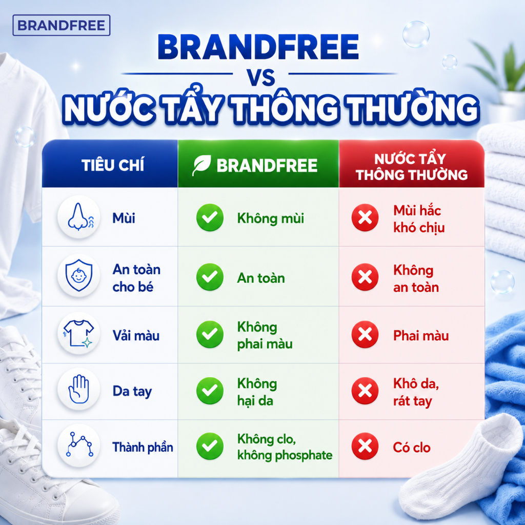 Bột Tẩy Oxy Trắng Quần Áo, Giày Dép BRANDFREE 1KG | Đánh Bay Vết Ố Vàng, Khử Mùi, Sạch Hiệu Quả
