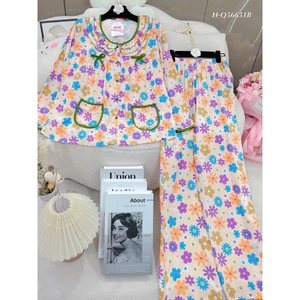 Pizama TD tole cổ bèo đính nơ viền màu túi dáng babydoll